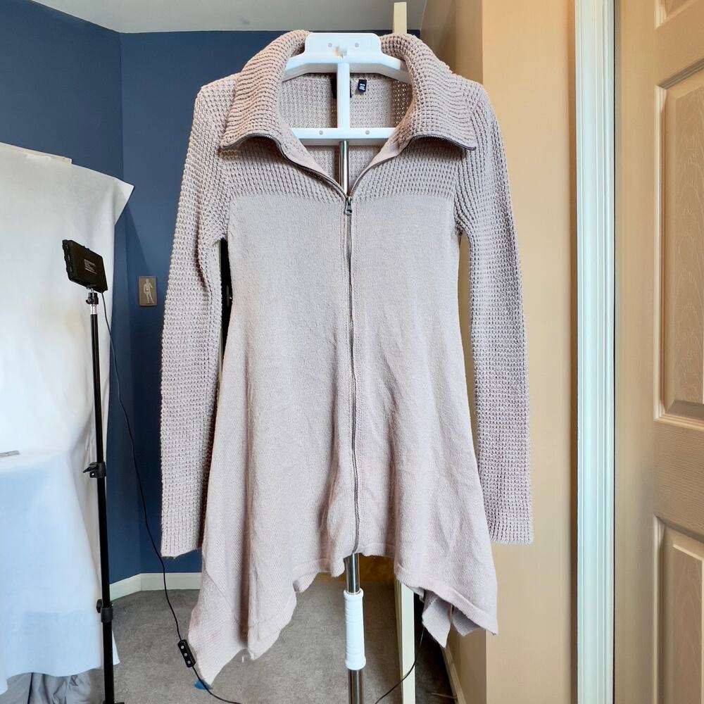 Blue Saks Fifth Ave Tunic Sweater Full Zip High Neck Collar Woman's XS Tan